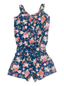 Chambray Flower Romper - Chambray Fabric, Floral Print, Dark Rose, Wild Flowers, Daisy, Light Rose, Sizes 2-8 (1 Piece)