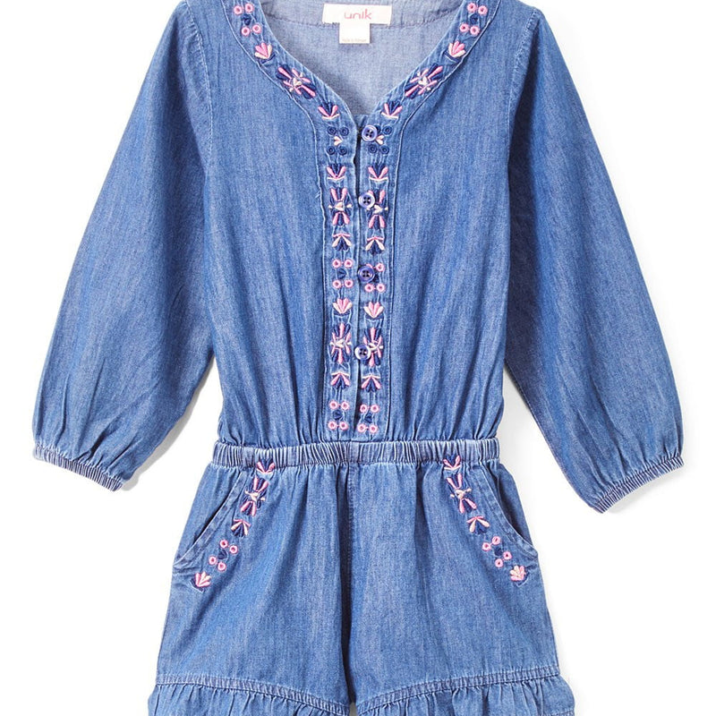 Girl D. Denim Romper With Sleeves - Dark Chambray, Floral Lining, Long Sleeve (2-14)