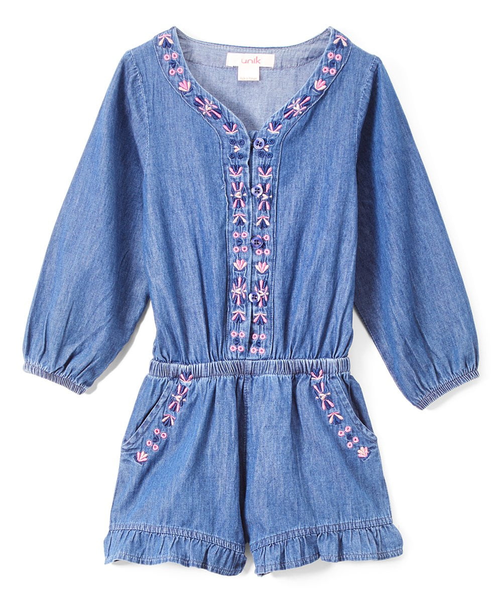 Girl D. Denim Romper With Sleeves - Dark Chambray, Floral Lining, Long Sleeve (2-14)