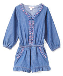 Girl D. Denim Romper With Sleeves - Dark Chambray, Floral Lining, Long Sleeve (2-14)