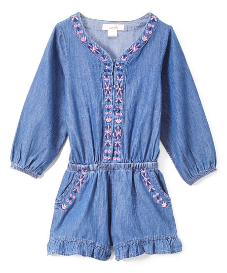 Girl D. Denim Romper With Sleeves - Dark Chambray, Floral Lining, Long Sleeve (2-14)