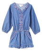 Girl D. Denim Romper With Sleeves - Dark Chambray, Floral Lining, Long Sleeve (2-14)