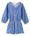 Girl D. Denim Romper With Sleeves - Dark Chambray, Floral Lining, Long Sleeve (2-14)