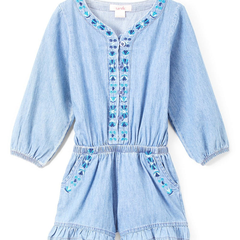 Girl L Denim Romper With Sleeves Denim Fabric - Light Chambray, Floral Lining, Long Sleeve (2-14)