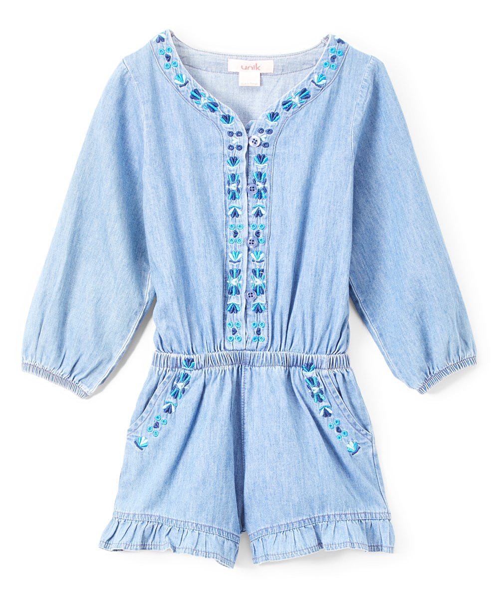 Girl L Denim Romper With Sleeves Denim Fabric - Light Chambray, Floral Lining, Long Sleeve (2-14)