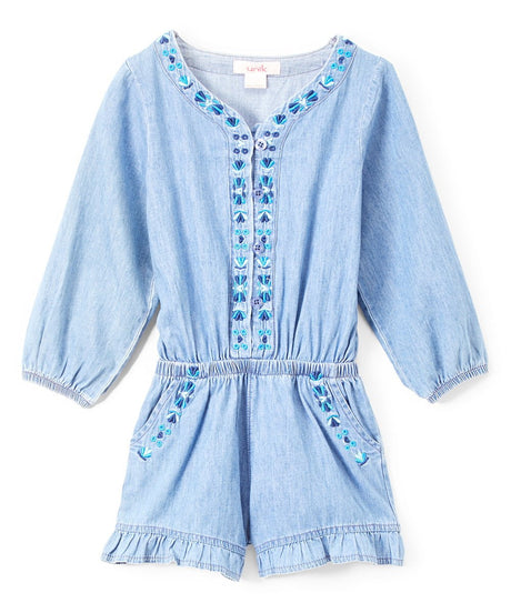 Girl L Denim Romper With Sleeves Denim Fabric - Light Chambray, Floral Lining, Long Sleeve (2-14)