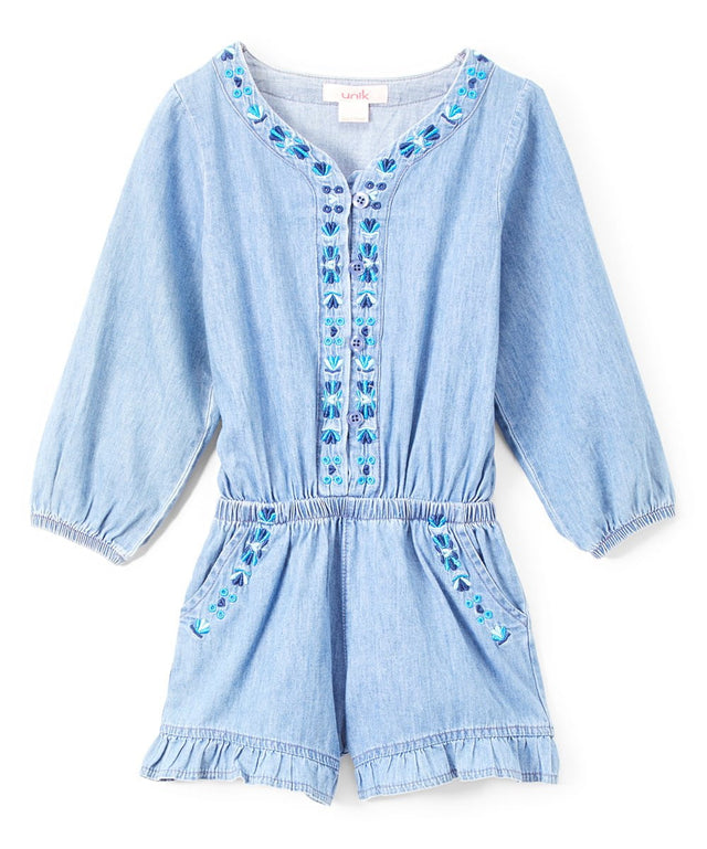Girl L Denim Romper With Sleeves Denim Fabric - Light Chambray, Floral Lining, Long Sleeve (2-14)