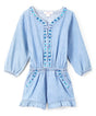 Girl L Denim Romper With Sleeves Denim Fabric - Light Chambray, Floral Lining, Long Sleeve (2-14)
