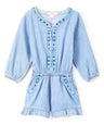 Girl L Denim Romper With Sleeves Denim Fabric - Light Chambray, Floral Lining, Long Sleeve (2-14)