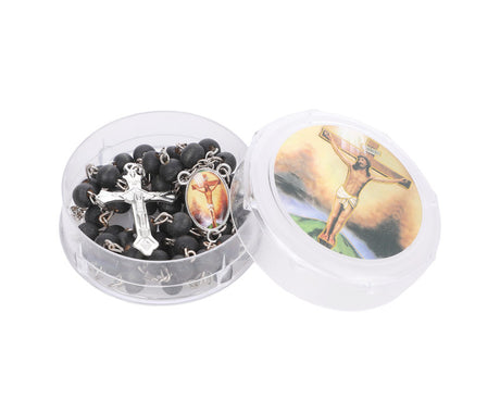 19 Inch Black Scented Wood Rosary Favors with Jesus Motif Pack of 12