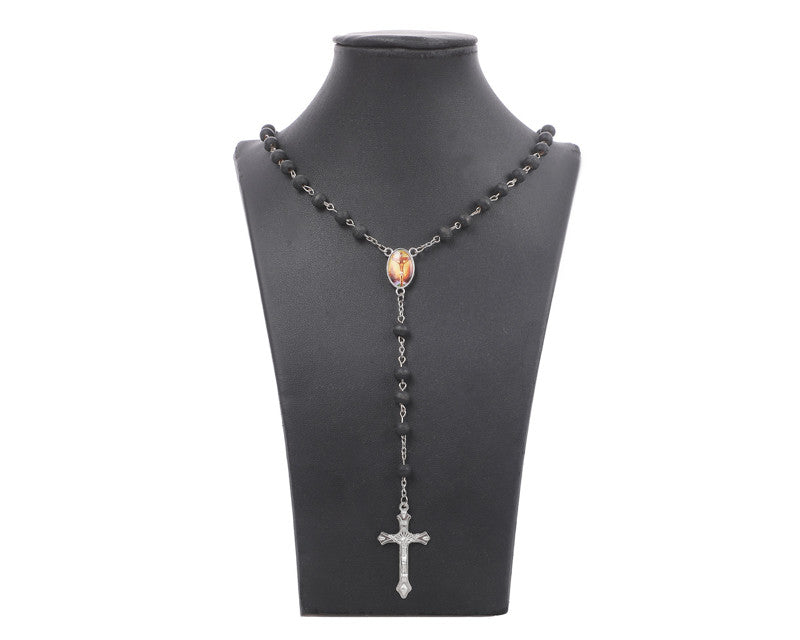 19 Inch Black Scented Wood Rosary Favors with Jesus Motif Pack of 12