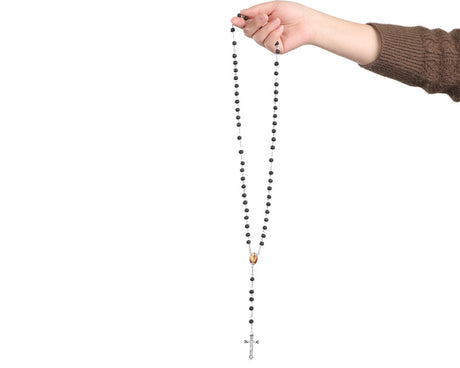19 Inch Black Scented Wood Rosary Favors with Jesus Motif Pack of 12