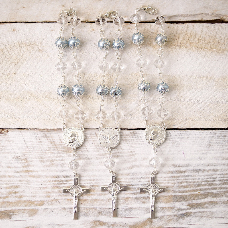 6 Inch Blue Silver Metal Ball Rosary Bracelets with Cross Pendant Pack of 12
