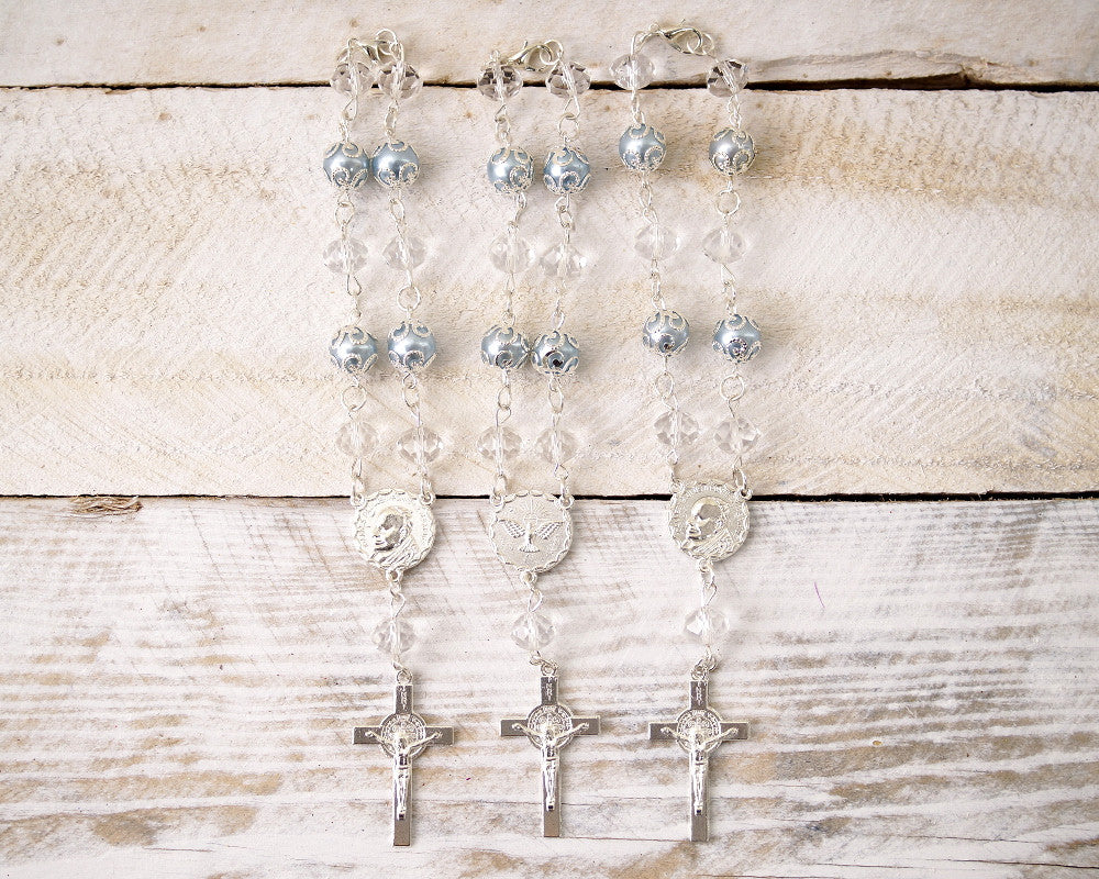 6 Inch Blue Silver Metal Ball Rosary Bracelets with Cross Pendant Pack of 12