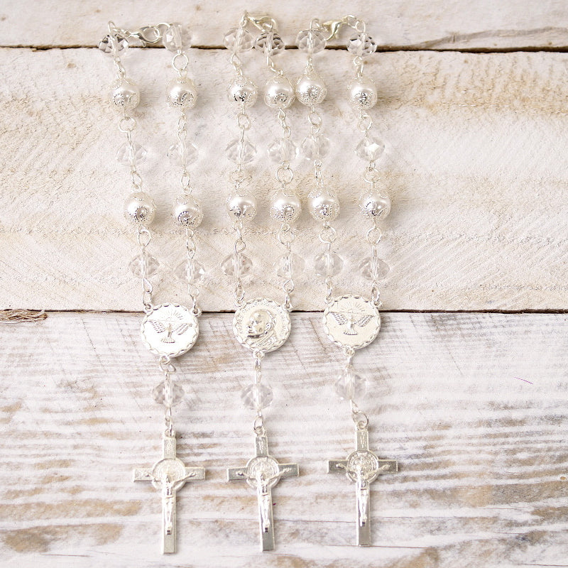 6 Inch Metal Ball Rosary Bracelet White Silver with Cross Pendant Set of 12