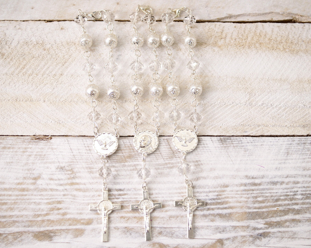 6 Inch Metal Ball Rosary Bracelet White Silver with Cross Pendant Set of 12