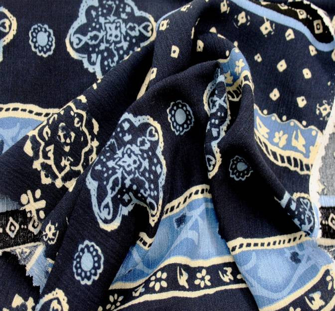 Rayon Crinkle 1A690 100 Percent Rayon Fabric - Navy/Ivory, Crinkle, 52/54" Width