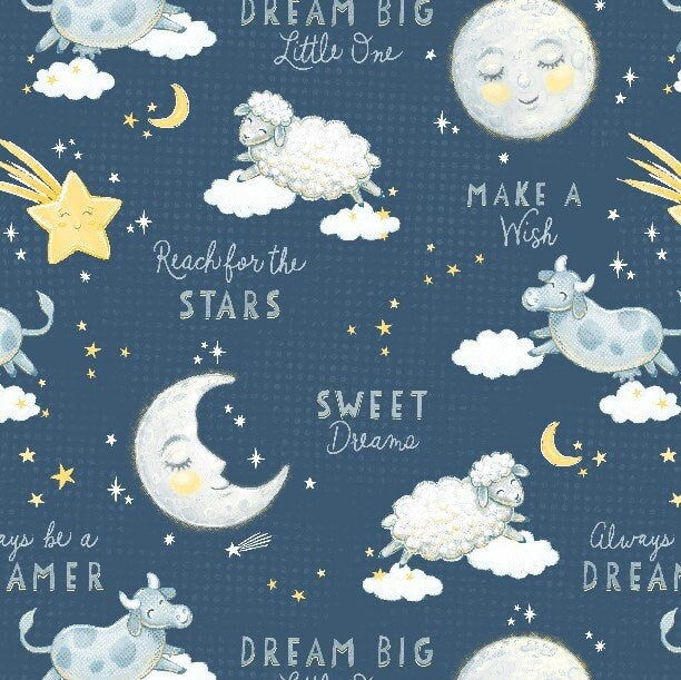Quilting Cotton Reach for the Stars All Over Sweet Dreams Navy Gray Wilmington Prints