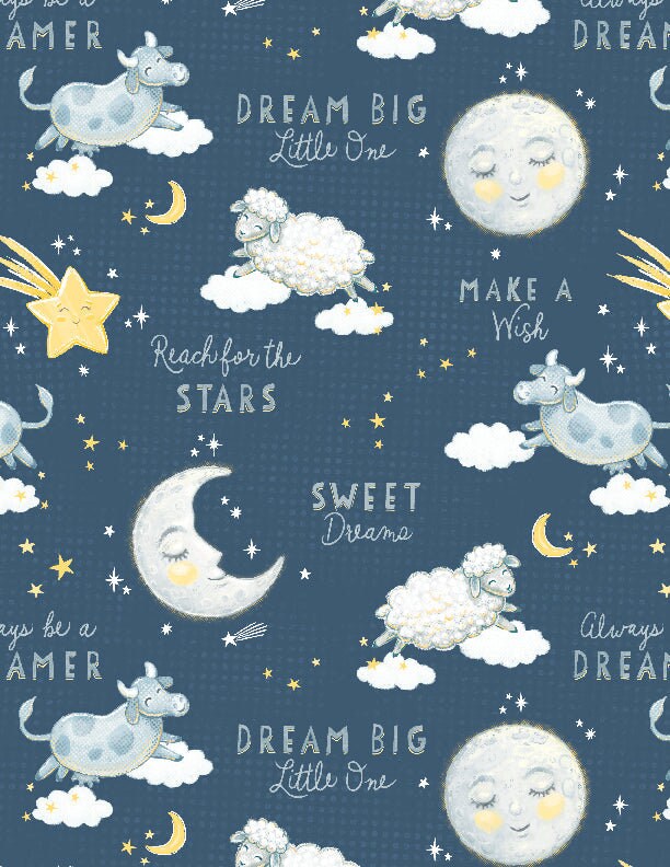 Quilting Cotton Reach for the Stars All Over Sweet Dreams Navy Gray Wilmington Prints