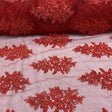Red Sequin Lace Fabric - Embroideries On Mesh, Red