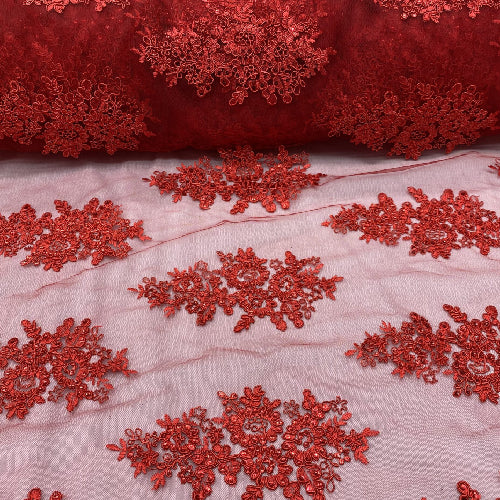 Red Sequin Lace Fabric - Embroideries On Mesh, Red