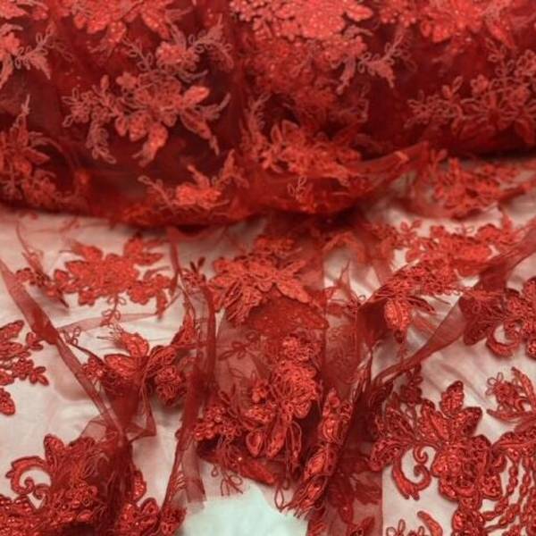Designer Sequin Lace On Mesh Fabric - Blush, Champagne, Gold, Hunter Green, Red, Silver, White, 52" Width (1 Yard)