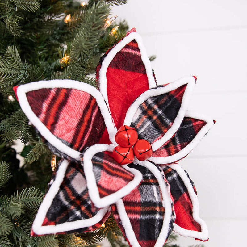 22” x 11" Red and Black Plaid with Red Bells Poinsettia Stem