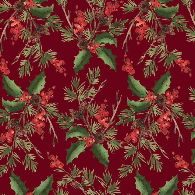 Cotton Wideback Fabric Red Burgandy Holly Bouquet 108"