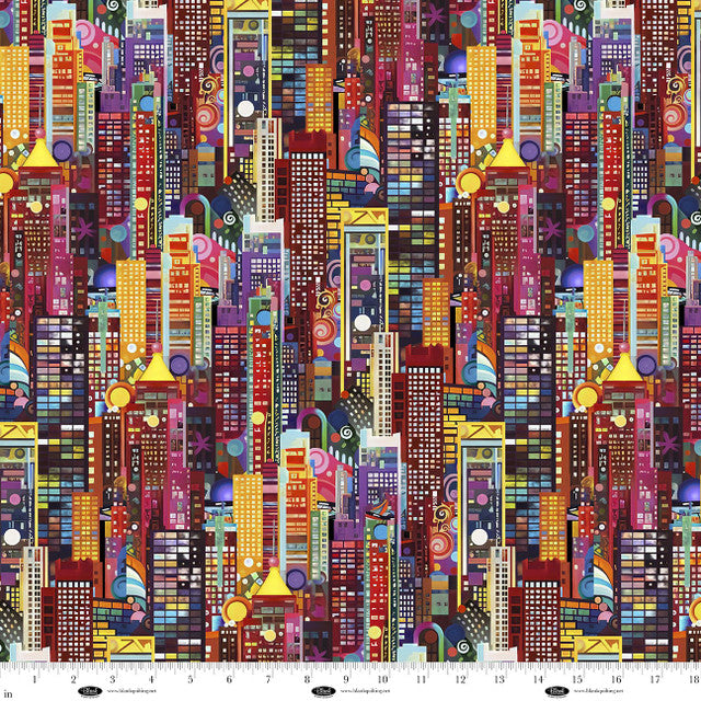 Cotton Print Red City Skyscrapers Metro Mirage Fabric 44/45"