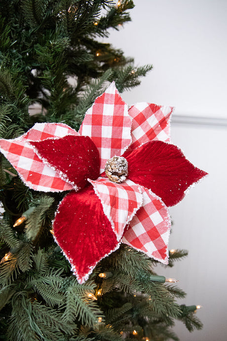 22” Red and White Checker Poinsettia Stem