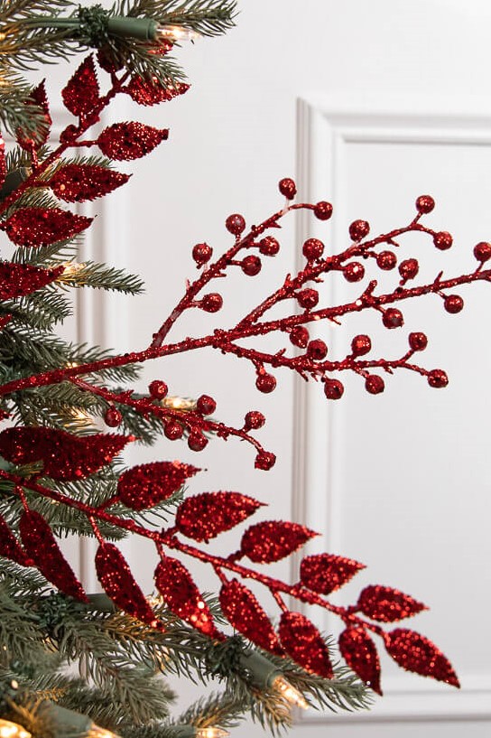 29” Red Glitter Smilax Berry Spray