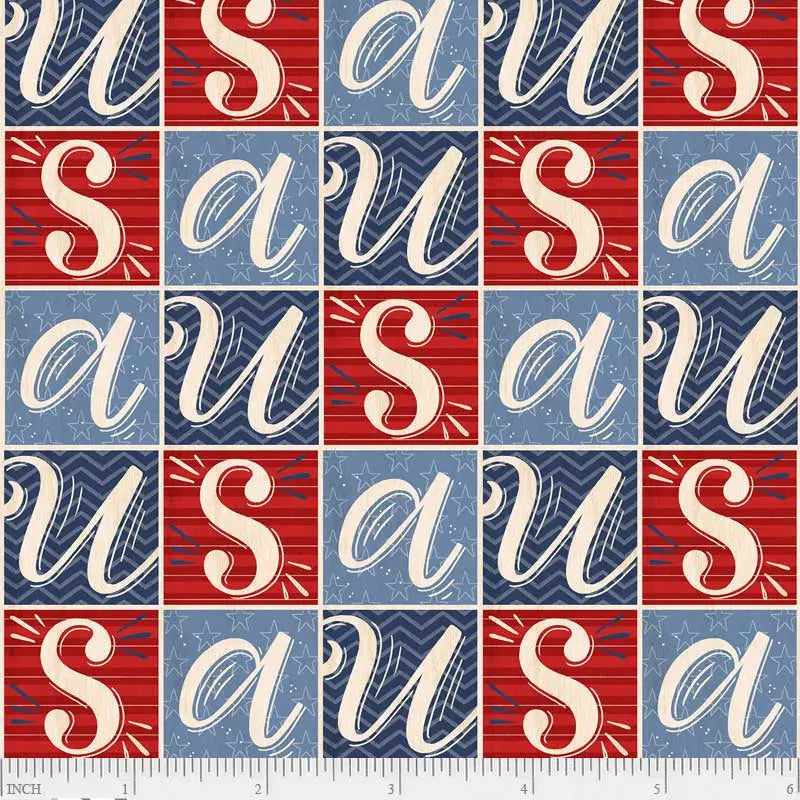 Cotton Fabric Red White Blue America The Beautiful Block Letters 44/45"