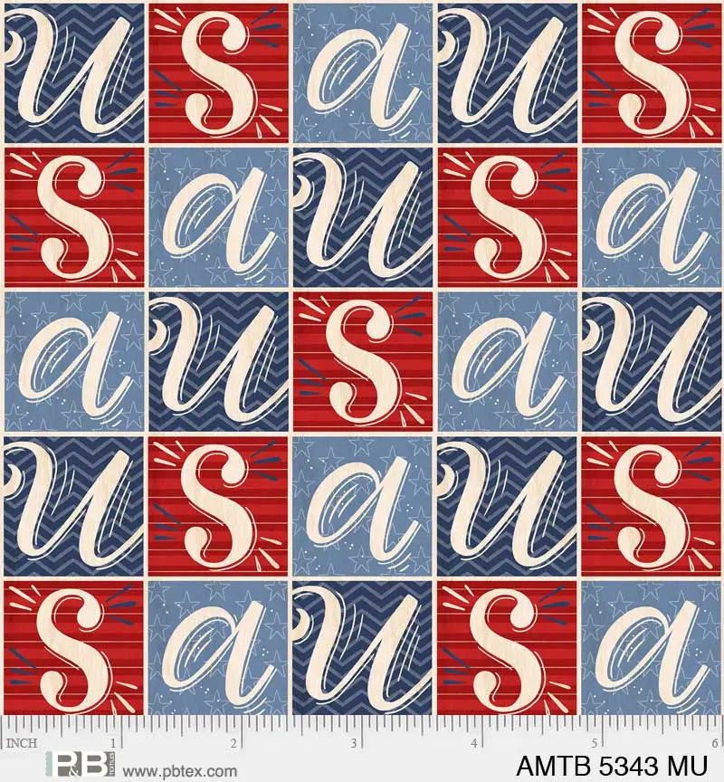 Cotton Fabric Red White Blue America The Beautiful Block Letters 44/45"