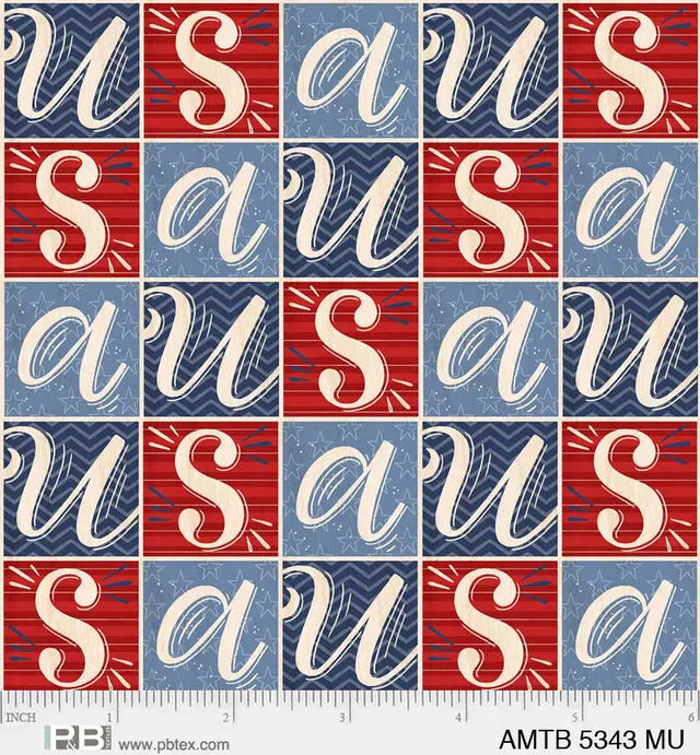 Cotton Fabric Red White Blue America The Beautiful Block Letters 44/45"