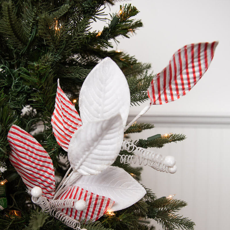 22” Candy Stripe Leaf Spray – Festive Peppermint Holiday Decor