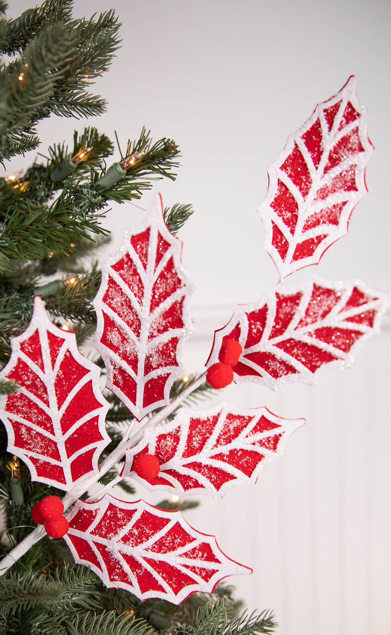 24” Red and White Leaf Stem with Red Berries