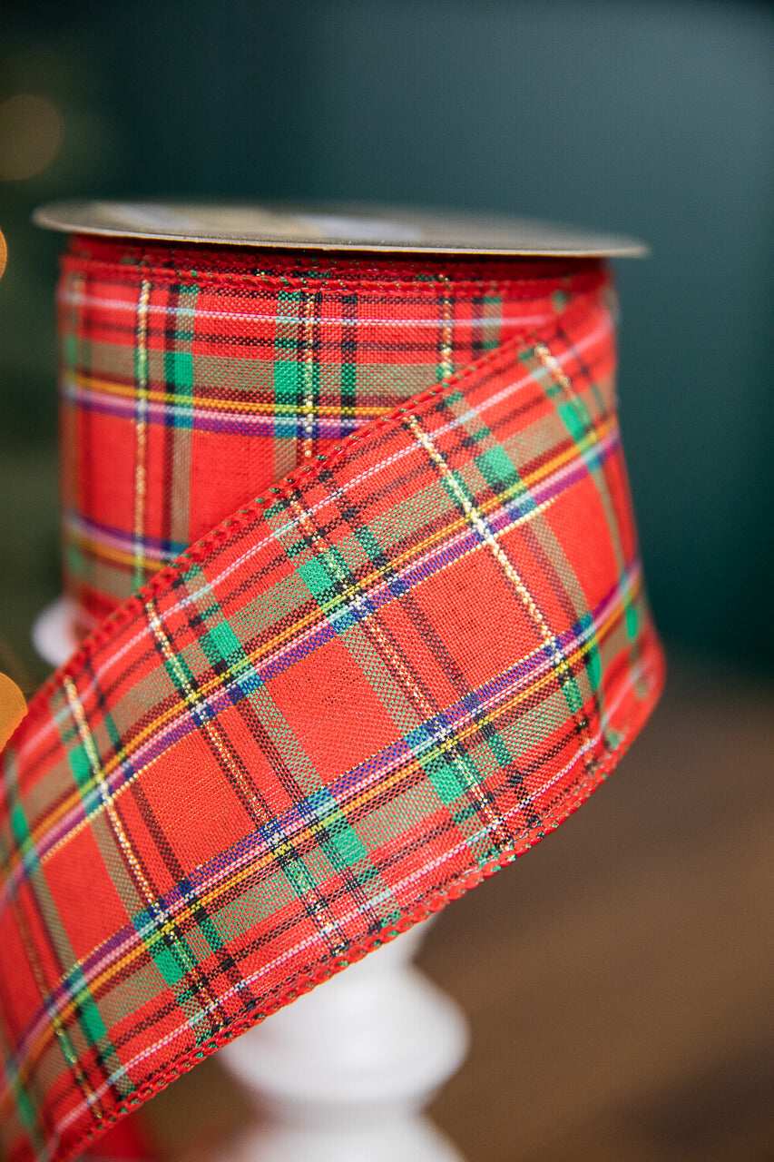 2.5” x 10 Yard Red Green with Blue Plaid Ribbon