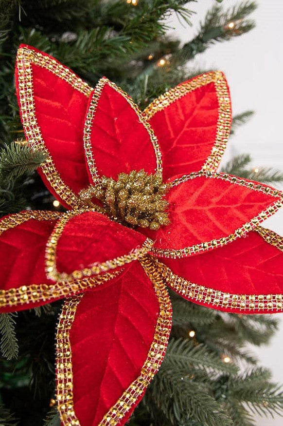 24 Inch x 12 Inch Velvet Jewel Edge Gold Trim Poinsettia Stem