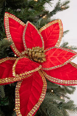 24 Inch x 12 Inch Velvet Jewel Edge Gold Trim Poinsettia Stem