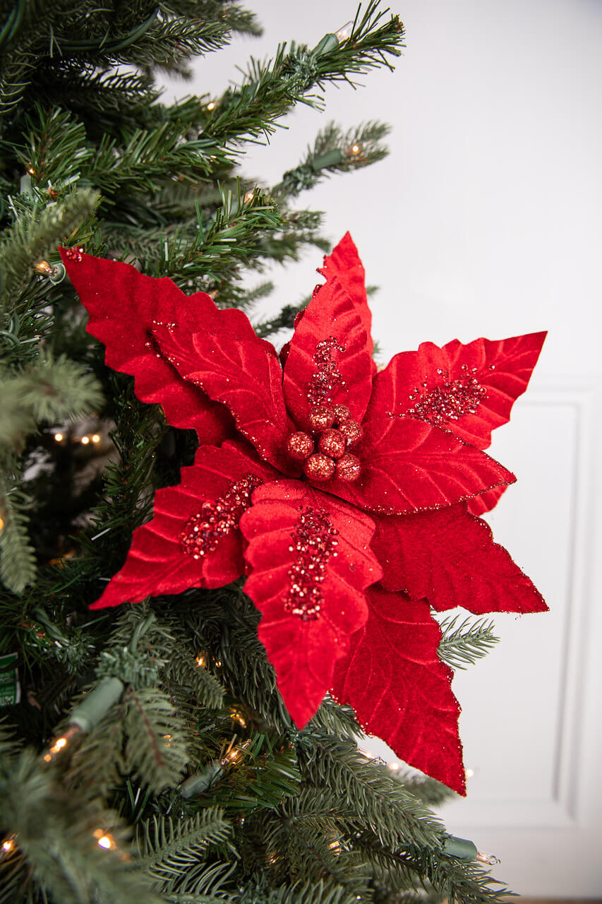 24” x 12.5" Velvet Sequin Stripe Poinsettia Stem