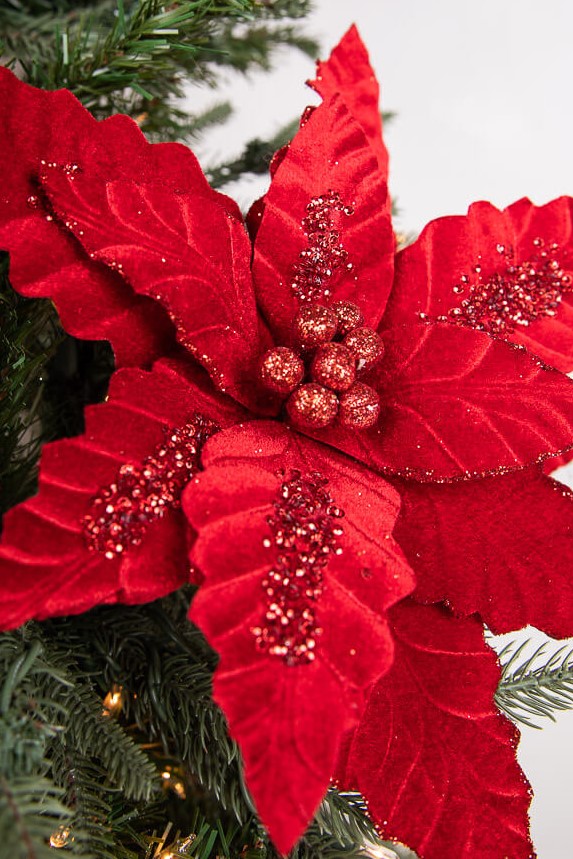 24” x 12.5" Velvet Sequin Stripe Poinsettia Stem