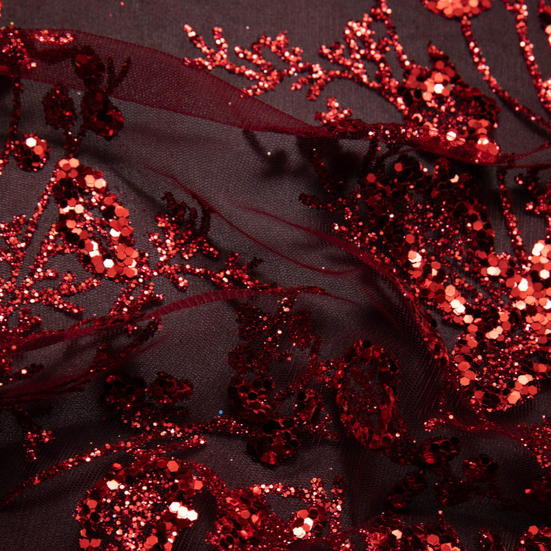 1 Yard Tulle Lace Fabric with Glitter and Floral Pattern, 58" Wide