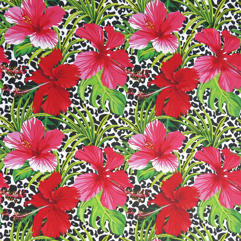 Swim Knit Red and Pink Hibiscus on Leopard Poly Spandex