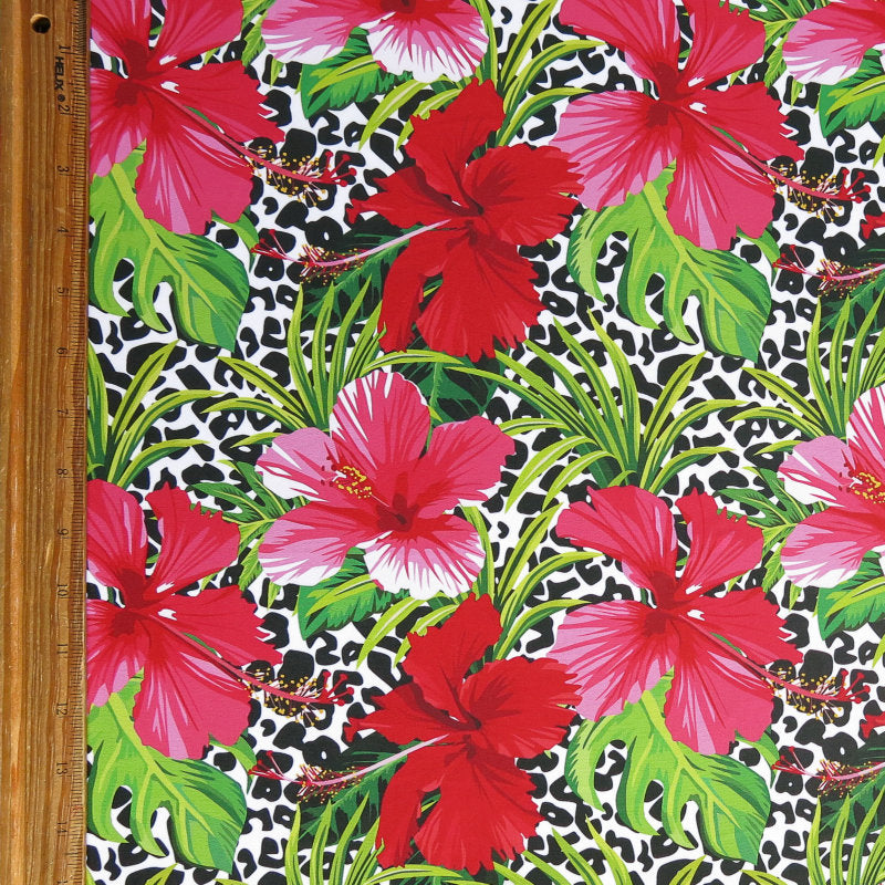 Swim Knit Red and Pink Hibiscus on Leopard Poly Spandex