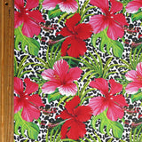 Swim Knit Red and Pink Hibiscus on Leopard Poly Spandex