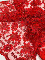 Metallic Floral Lace Design Embroidered Polyester Fabric - Floral Lace, 54" Width (1 Yard)