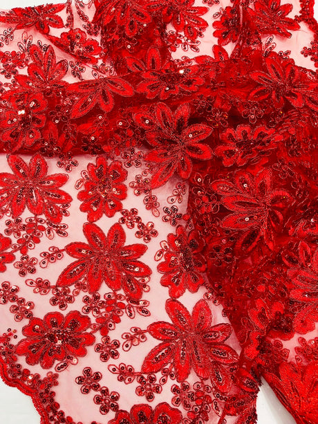 Metallic Floral Lace Design Embroidered Polyester Fabric - Floral Lace, 54" Width (1 Yard)