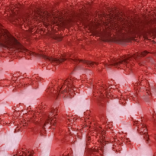 Red Sequin Lace Fabric With Embroideries On Mesh - Red Embroidered Mesh, 54" Width