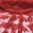 Red Sequin Lace Fabric With Embroideries On Mesh - Red Embroidered Mesh, 54" Width