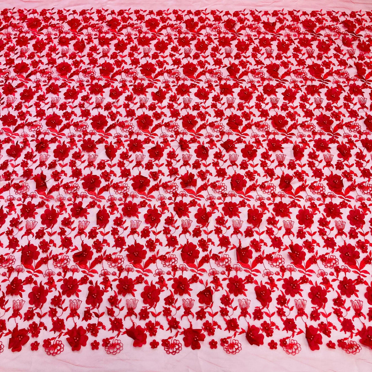 Beaded 3D Floral Lace Fabric - 100 Percent Polyester Lace Fabric, 3D Floral Embroidery, 49" Width, 9 Colors (1 Yard)